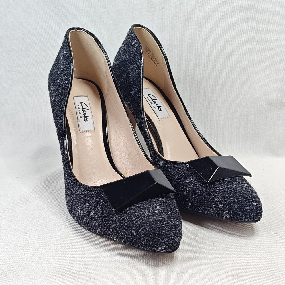 Clarks Narrative Azizi Pumps 8.5 Black Tweed Pointed Toe Geometric‎ Bow Heels
